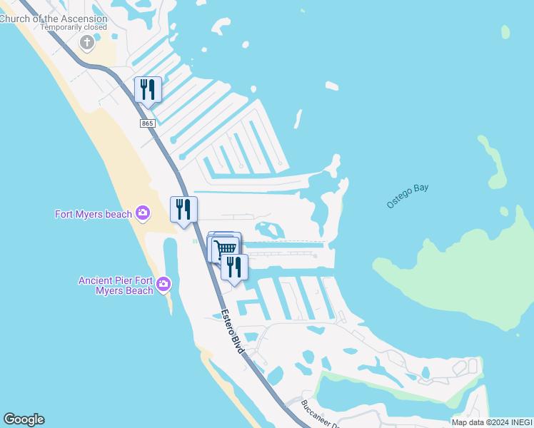 map of restaurants, bars, coffee shops, grocery stores, and more near 22628 Island Pines Way in Fort Myers Beach