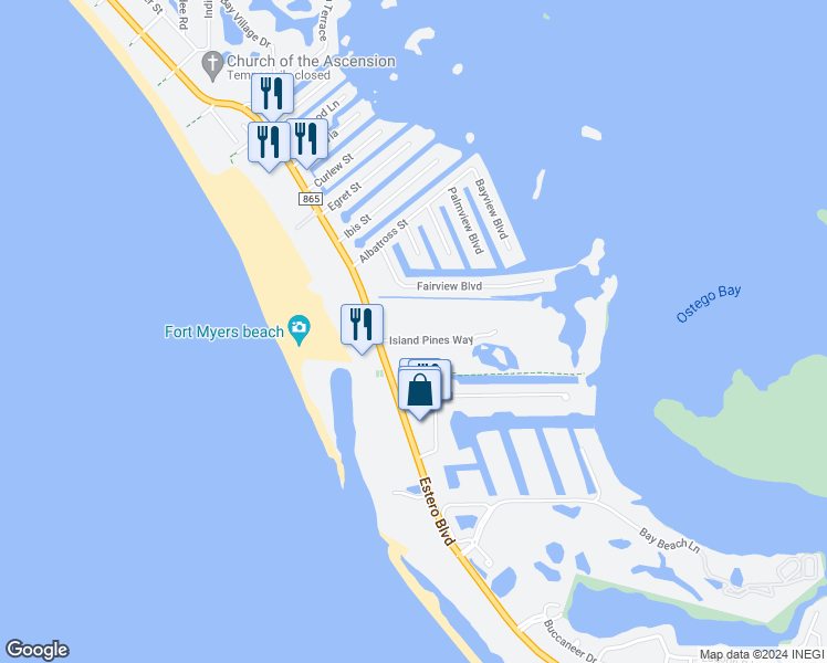 map of restaurants, bars, coffee shops, grocery stores, and more near 22704 Island Pines Way in Fort Myers Beach