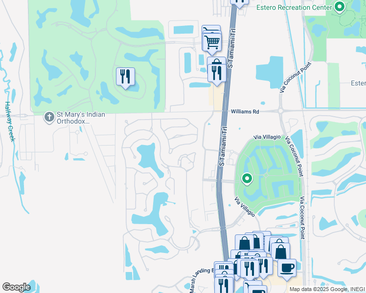 map of restaurants, bars, coffee shops, grocery stores, and more near 22125 Seashore Circle in Estero