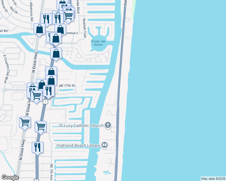 map of restaurants, bars, coffee shops, grocery stores, and more near 3210 South Ocean Boulevard in Highland Beach
