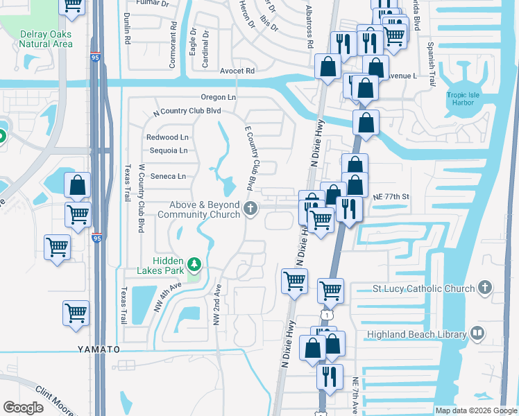 map of restaurants, bars, coffee shops, grocery stores, and more near 125 West Hidden Valley Boulevard in Boca Raton