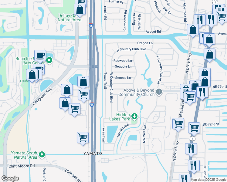 map of restaurants, bars, coffee shops, grocery stores, and more near 417 Apache Lane in Boca Raton