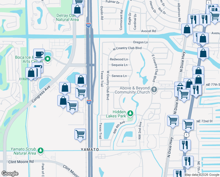 map of restaurants, bars, coffee shops, grocery stores, and more near 417 Apache Lane in Boca Raton