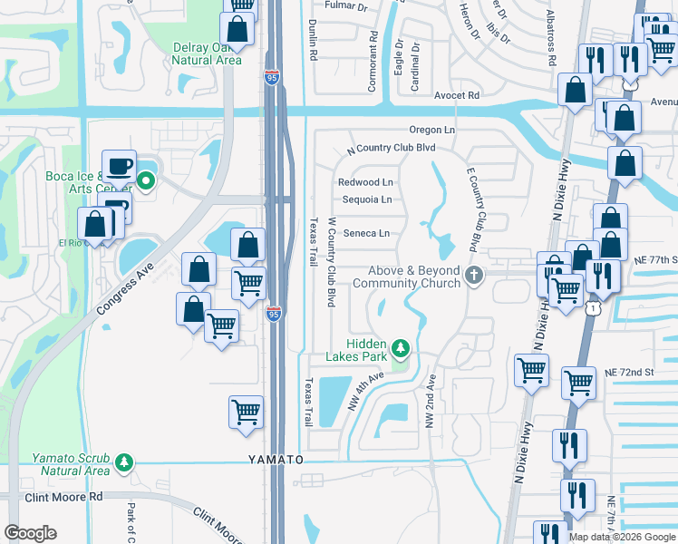 map of restaurants, bars, coffee shops, grocery stores, and more near 417 Apache Lane in Boca Raton