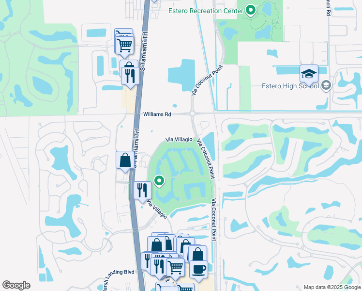 map of restaurants, bars, coffee shops, grocery stores, and more near 8557 Via Garibaldi Circle in Estero