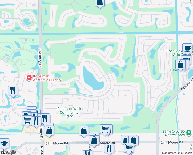 map of restaurants, bars, coffee shops, grocery stores, and more near 17434 Springtree Lane in Boca Raton