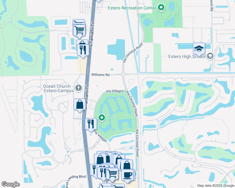 map of restaurants, bars, coffee shops, grocery stores, and more near 8565 Via Garibaldi Circle in Estero
