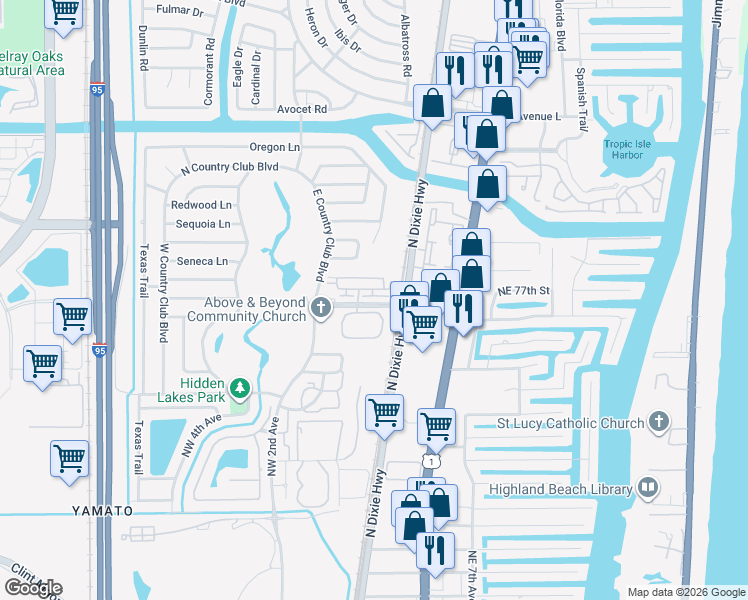 map of restaurants, bars, coffee shops, grocery stores, and more near 62 Via Floresta Drive in Boca Raton