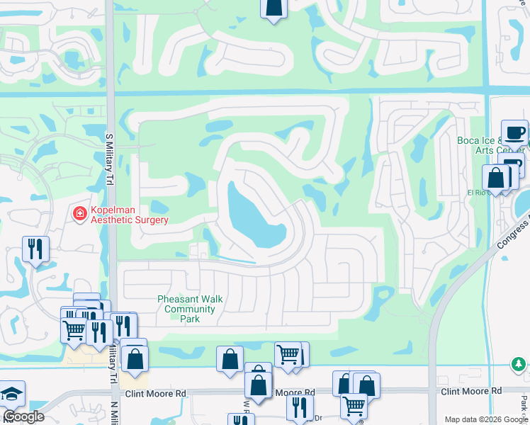 map of restaurants, bars, coffee shops, grocery stores, and more near 17434 Springtree Lane in Boca Raton