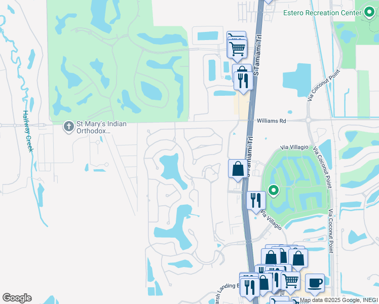 map of restaurants, bars, coffee shops, grocery stores, and more near 22175 Seashore Circle in Estero