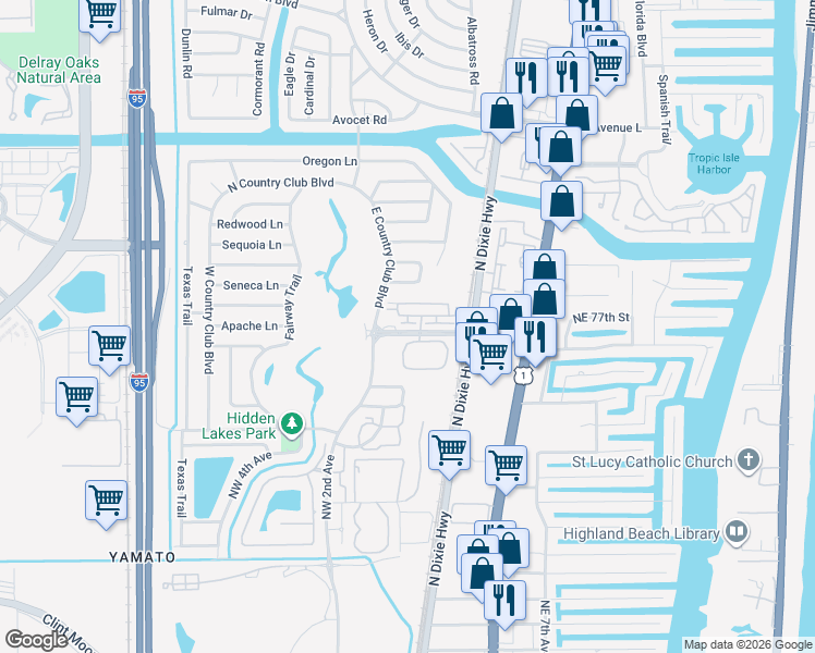 map of restaurants, bars, coffee shops, grocery stores, and more near 62 Via Floresta Drive in Boca Raton