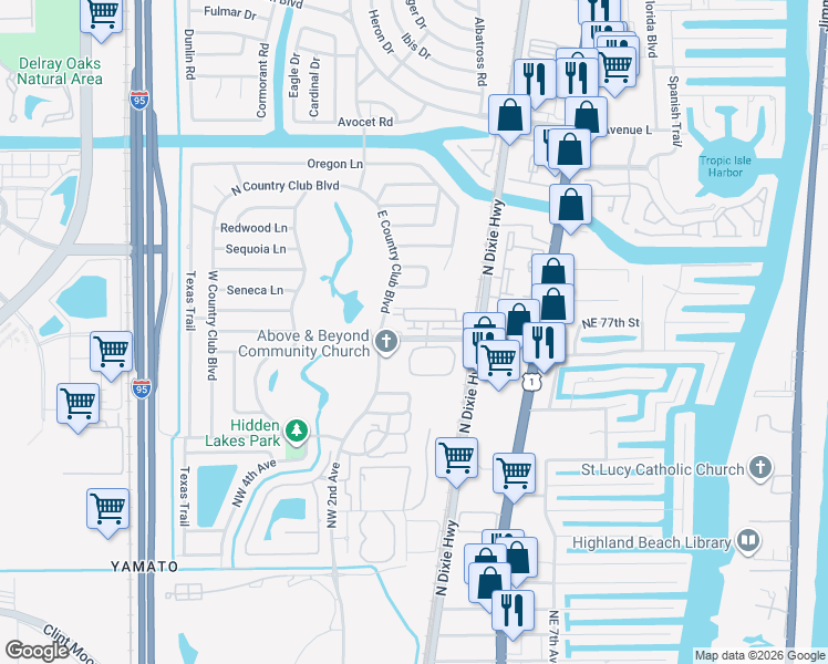 map of restaurants, bars, coffee shops, grocery stores, and more near 62 Via Floresta Drive in Boca Raton