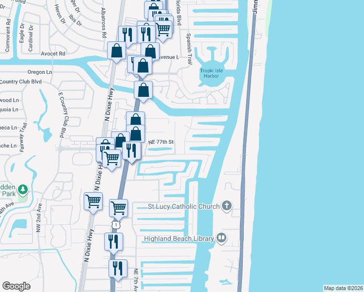 map of restaurants, bars, coffee shops, grocery stores, and more near 7669 Northeast Spanish Trail Court in Boca Raton