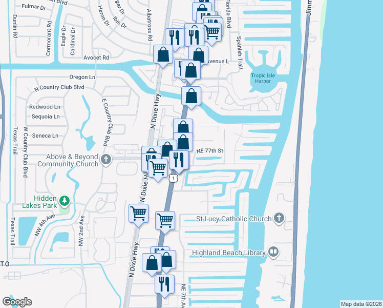 map of restaurants, bars, coffee shops, grocery stores, and more near 720 Northeast 77th Street in Boca Raton