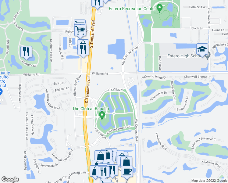 map of restaurants, bars, coffee shops, grocery stores, and more near Via Garibaldi Circle in Estero