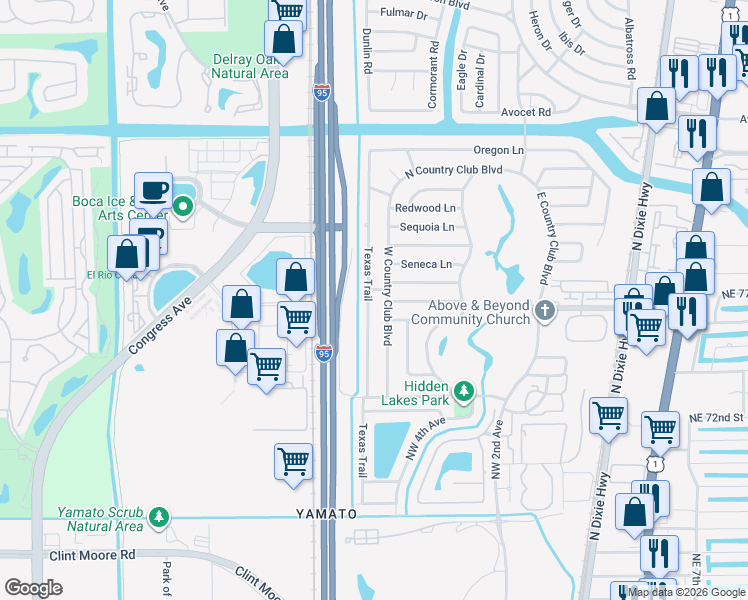 map of restaurants, bars, coffee shops, grocery stores, and more near 7600 Texas Trail in Boca Raton