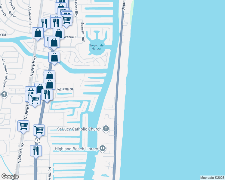 map of restaurants, bars, coffee shops, grocery stores, and more near 3200 South Ocean Boulevard in Highland Beach
