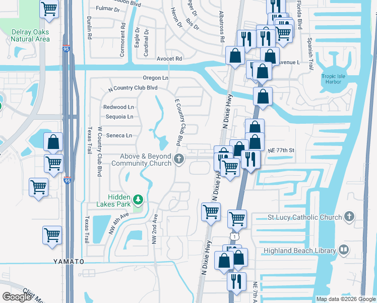 map of restaurants, bars, coffee shops, grocery stores, and more near 109 Via Floresta Drive in Boca Raton