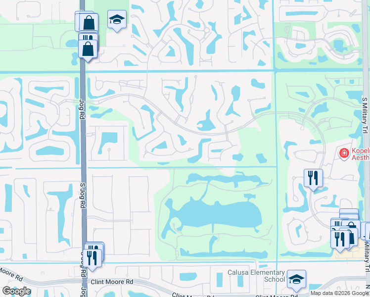 map of restaurants, bars, coffee shops, grocery stores, and more near 5791 Bridleway Circle in Boca Raton