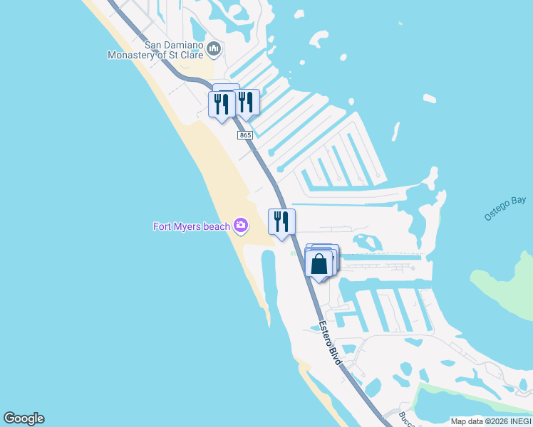 map of restaurants, bars, coffee shops, grocery stores, and more near 6662 Estero Boulevard in Fort Myers Beach
