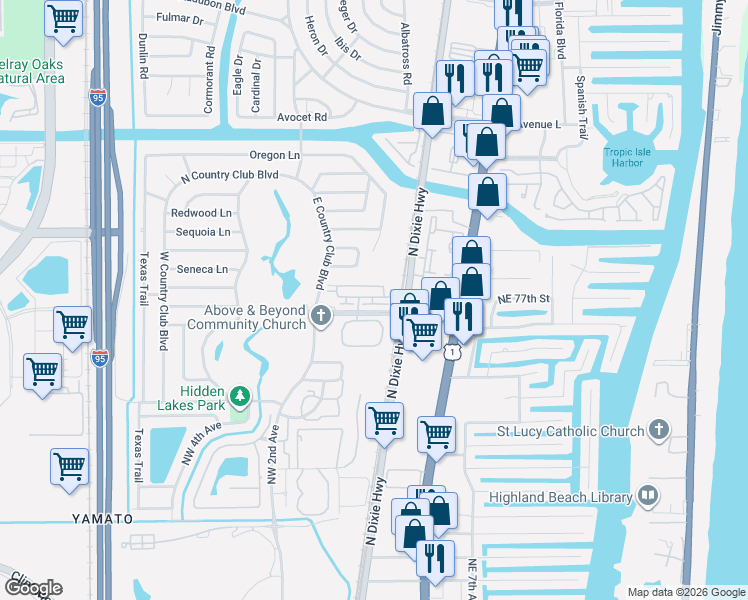 map of restaurants, bars, coffee shops, grocery stores, and more near 62 Via Floresta Drive in Boca Raton