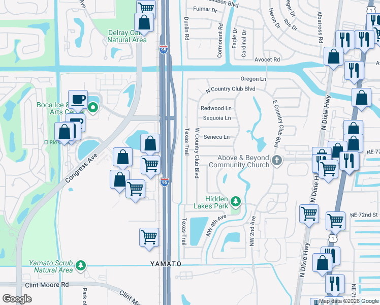 map of restaurants, bars, coffee shops, grocery stores, and more near 7600 Texas Trail in Boca Raton