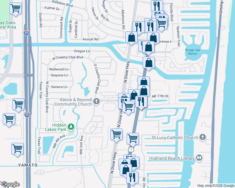 map of restaurants, bars, coffee shops, grocery stores, and more near 16 Via Floresta Drive in Boca Raton