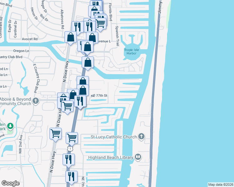 map of restaurants, bars, coffee shops, grocery stores, and more near 7669 Northeast Spanish Trail Court in Boca Raton