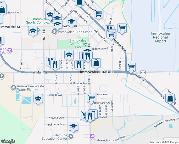 map of restaurants, bars, coffee shops, grocery stores, and more near in Immokalee