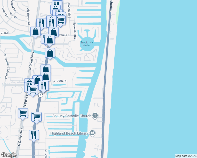 map of restaurants, bars, coffee shops, grocery stores, and more near 3200 South Ocean Boulevard in Highland Beach