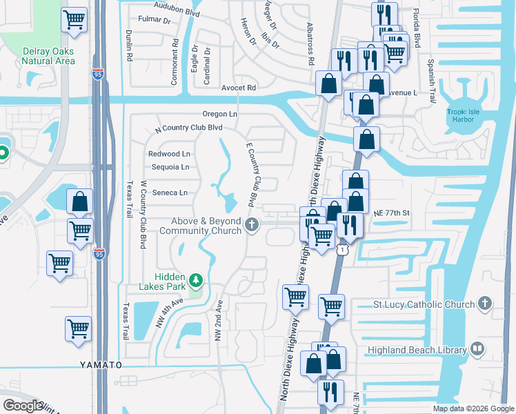 map of restaurants, bars, coffee shops, grocery stores, and more near 125 West Hidden Valley Boulevard in Boca Raton