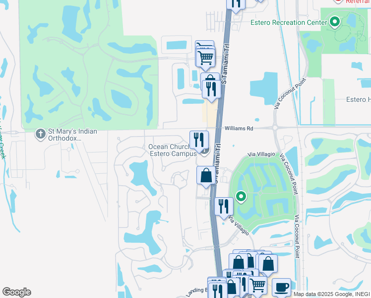 map of restaurants, bars, coffee shops, grocery stores, and more near 22108 Seashore Circle in Estero