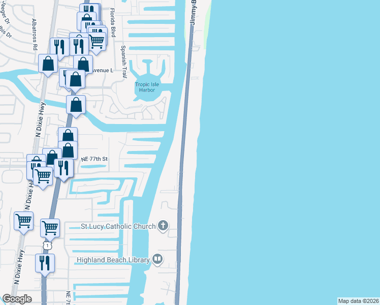 map of restaurants, bars, coffee shops, grocery stores, and more near 3115 South Ocean Boulevard in Highland Beach