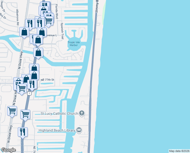 map of restaurants, bars, coffee shops, grocery stores, and more near 3201 South Ocean Boulevard in Highland Beach