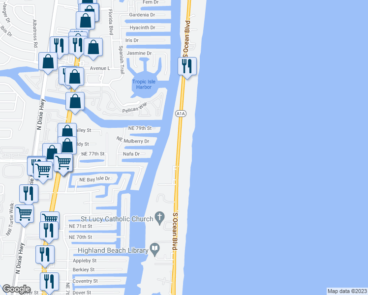 map of restaurants, bars, coffee shops, grocery stores, and more near 3101 South Ocean Boulevard in Highland Beach