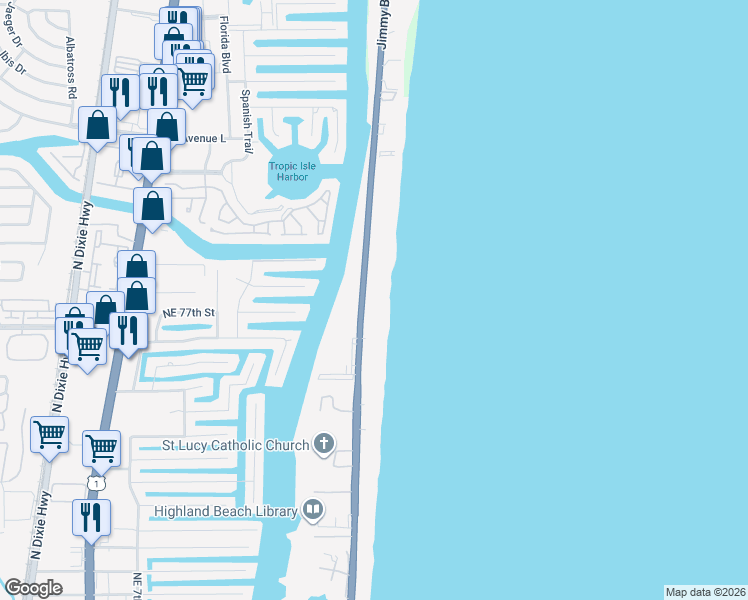map of restaurants, bars, coffee shops, grocery stores, and more near 3101 South Ocean Boulevard in Highland Beach