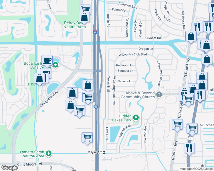 map of restaurants, bars, coffee shops, grocery stores, and more near 7750 Texas Trail in Boca Raton