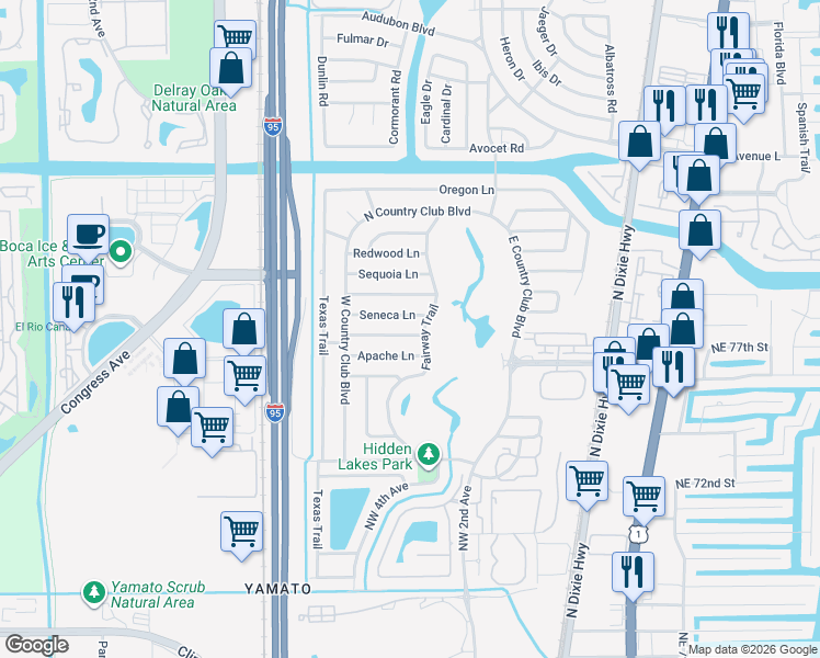 map of restaurants, bars, coffee shops, grocery stores, and more near 327 Seneca Lane in Boca Raton