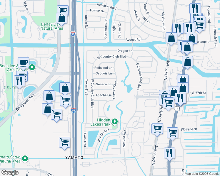 map of restaurants, bars, coffee shops, grocery stores, and more near 325 Prairie Rose Lane in Boca Raton