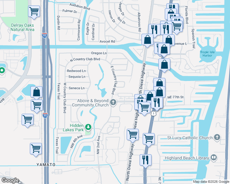 map of restaurants, bars, coffee shops, grocery stores, and more near 7699 East Country Club Boulevard in Boca Raton