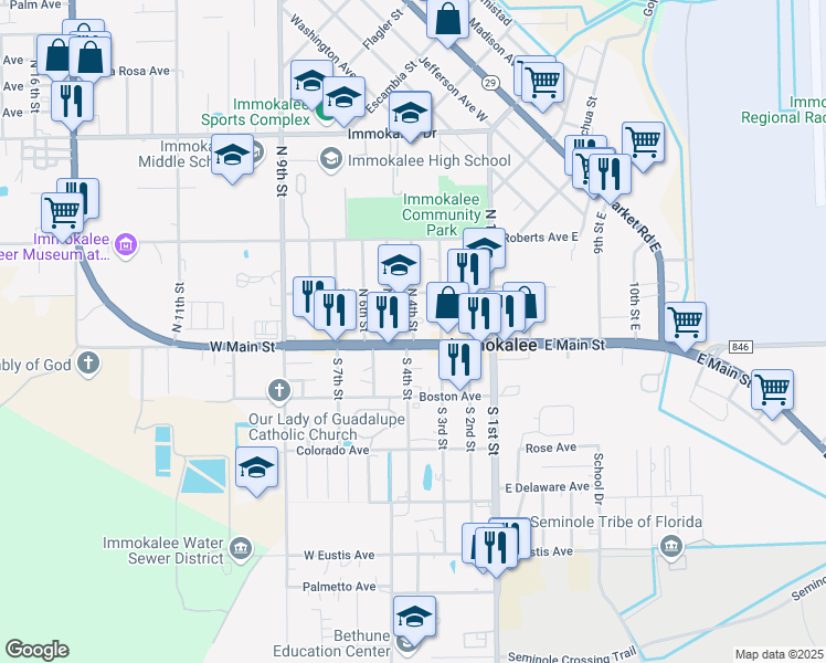 map of restaurants, bars, coffee shops, grocery stores, and more near 123 North 4th Street in Immokalee
