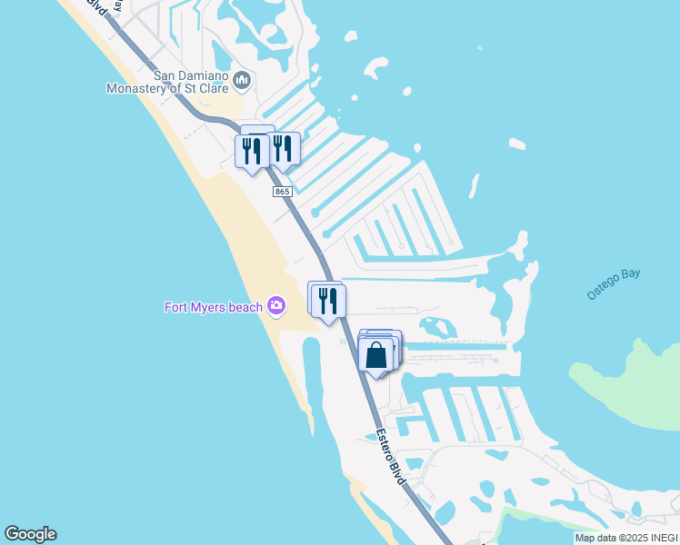map of restaurants, bars, coffee shops, grocery stores, and more near 6659 Estero Boulevard in Fort Myers Beach