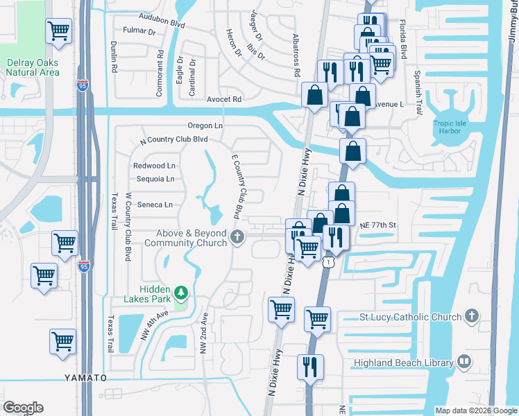 map of restaurants, bars, coffee shops, grocery stores, and more near 66 Palamino Circle in Boca Raton