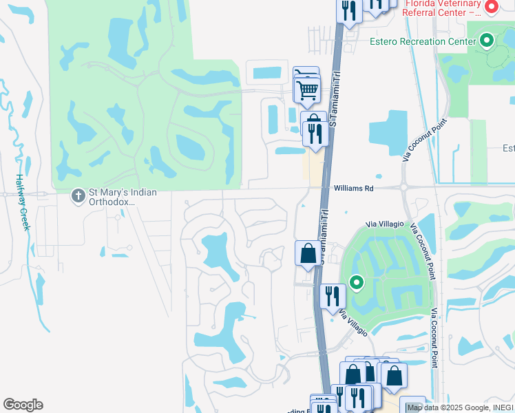 map of restaurants, bars, coffee shops, grocery stores, and more near 22034 Seashore Circle in Estero