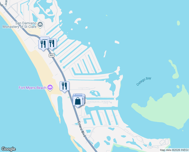map of restaurants, bars, coffee shops, grocery stores, and more near 43 Fairview Boulevard in Fort Myers Beach