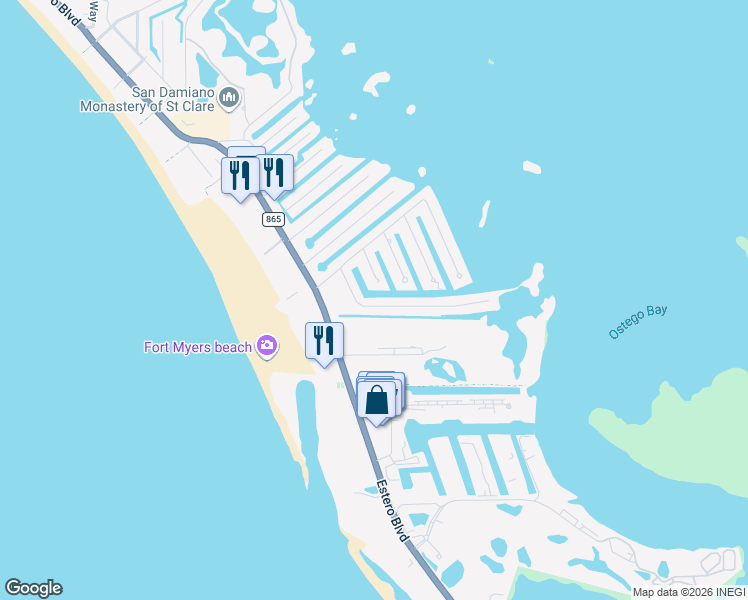 map of restaurants, bars, coffee shops, grocery stores, and more near 17 Fairview Boulevard in Fort Myers Beach