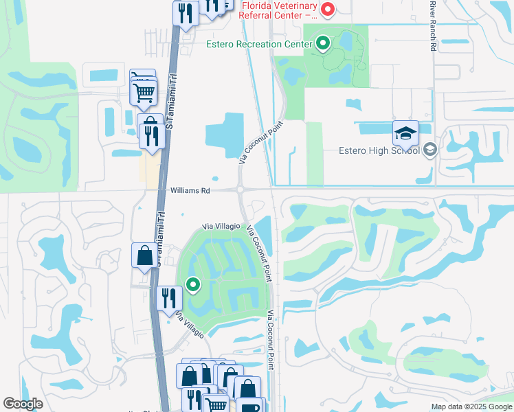map of restaurants, bars, coffee shops, grocery stores, and more near 22980 Vista Edera Circle in Estero