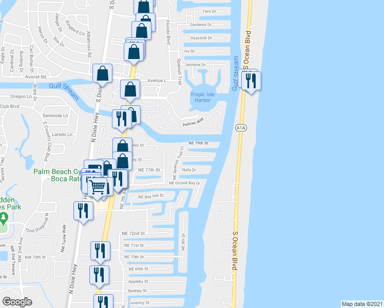 map of restaurants, bars, coffee shops, grocery stores, and more near 861 Northeast Mulberry Drive in Boca Raton