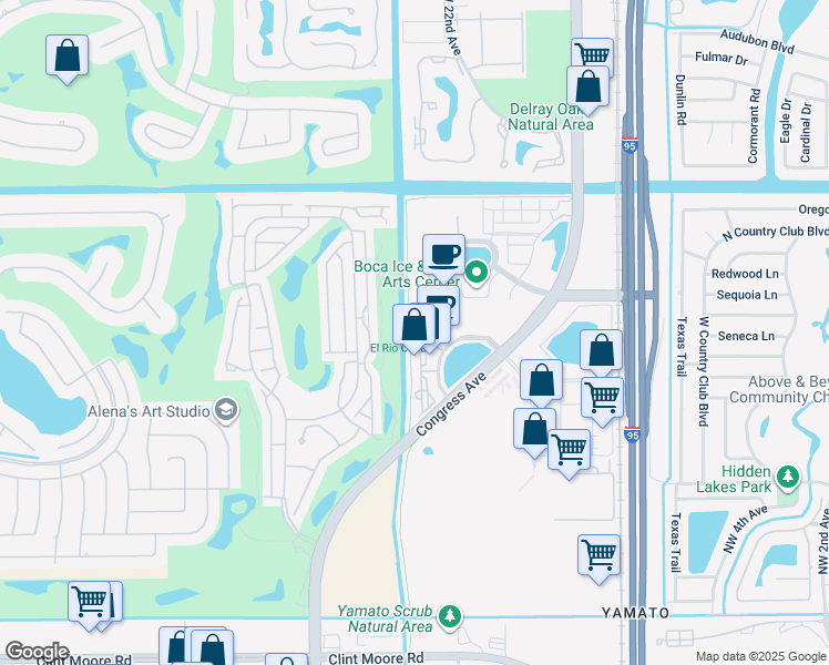 map of restaurants, bars, coffee shops, grocery stores, and more near El Rio Trail in Boca Raton