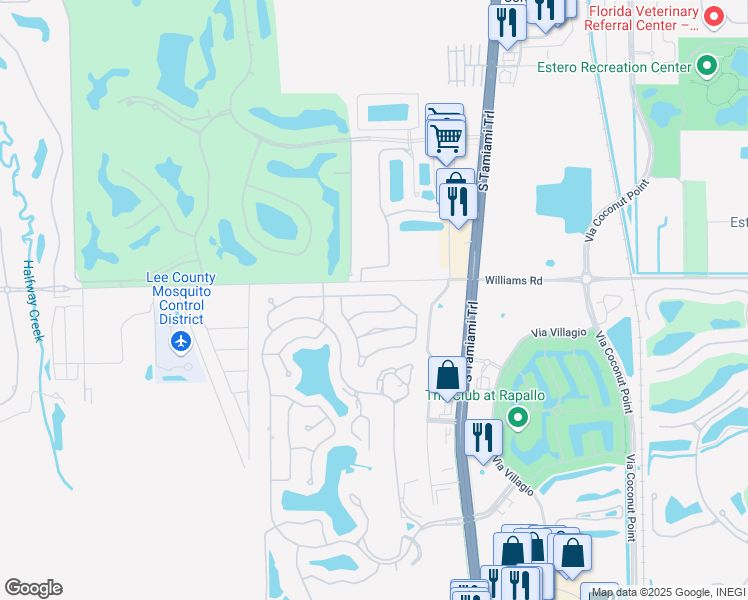 map of restaurants, bars, coffee shops, grocery stores, and more near 22034 Seashore Circle in Estero